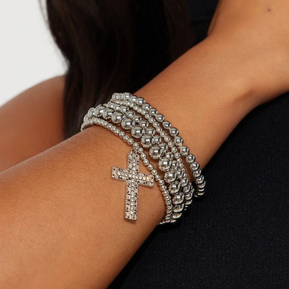 Jewelry - •Such a Saint• Stacked & Layered 5 Piece Silver Beaded Cross Bracelet